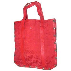 Fendi Early XL Red Zucchino Satchel Small F Logo Print Canvas Tote